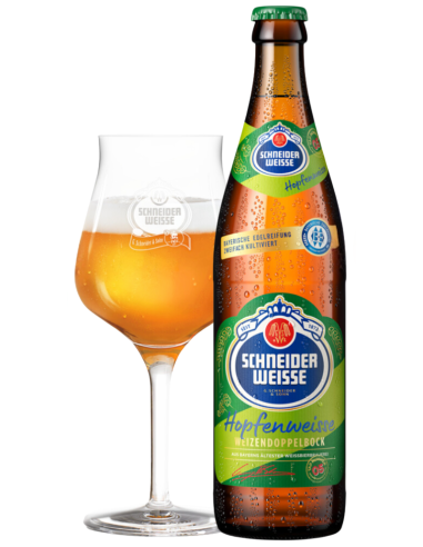 50cl bottle of SCHNEIDER brand beer - TAP 5 HOPFENWEISSE with glass, style Weizen Doppelbock