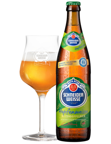 50cl bottle of SCHNEIDER brand beer - TAP 5 HOPFENWEISSE with glass, style Weizen Doppelbock