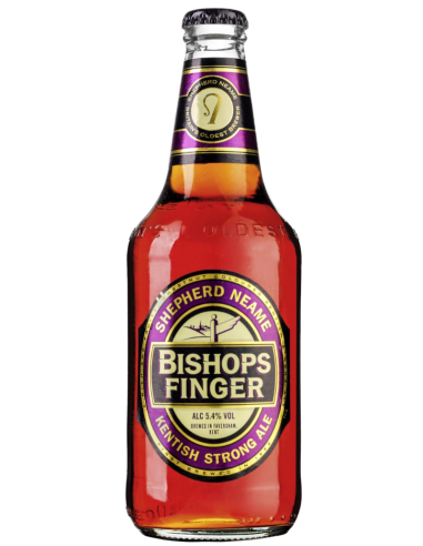 garrafa de 50cl de cerveja da marca SHEPHERD NEAME - BISHOPS FINGER, estilo Strong Bitter inglês