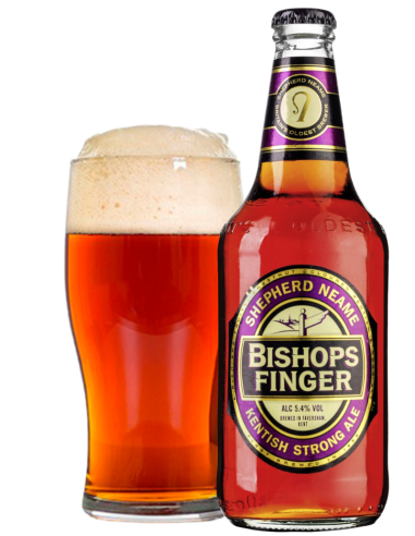 botella 50cl de cerveza de marca SHEPHERD NEAME - BISHOPS FINGER con vaso, estilo English Strong Bitter