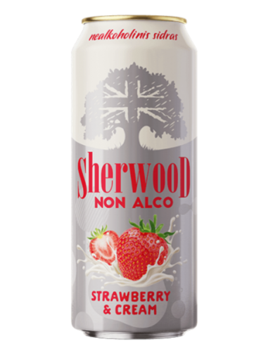 lata 44cl de cerveza de marca SHERWOOD - STRAWBERRY & CREAM TASTE, estilo Sidra