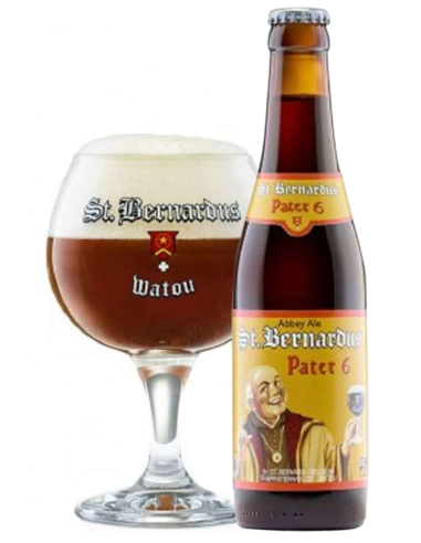 botella 33cl de cerveza de marca ST BERNARDUS - PATER 6 con copa, estilo Belgian Dubbel