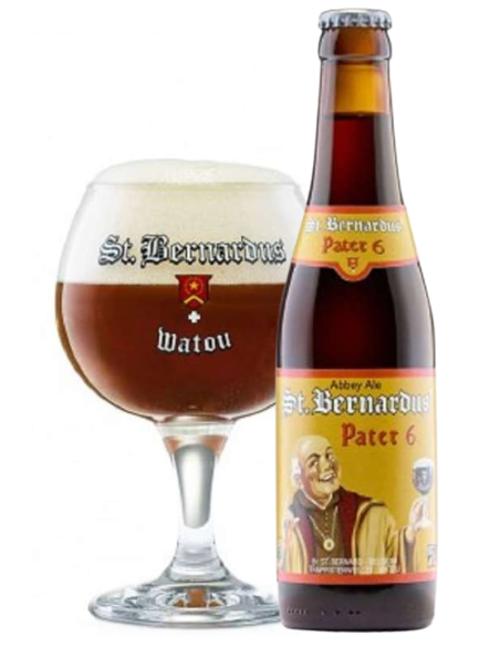 botella 33cl de cerveza de marca ST BERNARDUS - PATER 6 con copa, estilo Belgian Dubbel