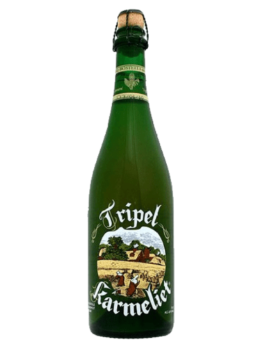 garrafa de 75cl de cerveja da marca TRIPEL KARMELIET, estilo Tripel belga