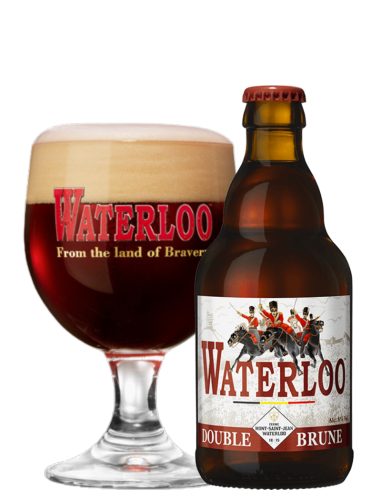 botella 33cl de cerveza de marca WATERLOO - DOUBLE BRUNE con copa, estilo Belgian Dubbel