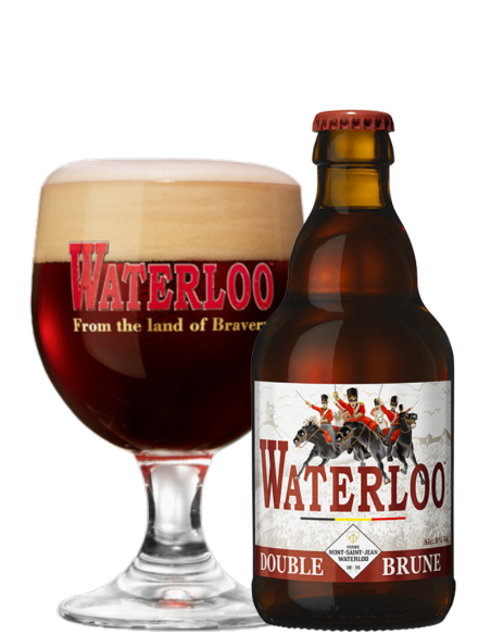 botella 33cl de cerveza de marca WATERLOO - DOUBLE BRUNE con copa, estilo Belgian Dubbel
