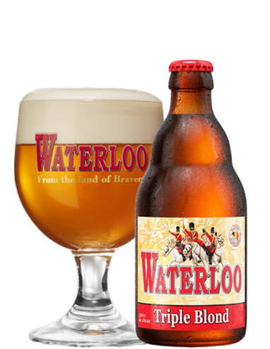 garrafa de 33cl de cerveja da marca WATERLOO - TRIPLE BLOND com copo, estilo Belgian Triple