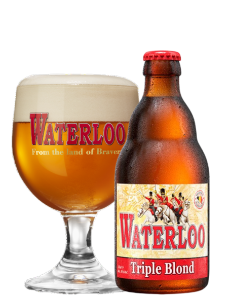 botella 33cl de cerveza de marca WATERLOO - TRIPLE BLOND con copa, estilo Belgian Triple