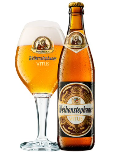 botella 50cl de cerveza de marca WEIHENSTEPHANER - VITUS con copa, estilo Weizenbock