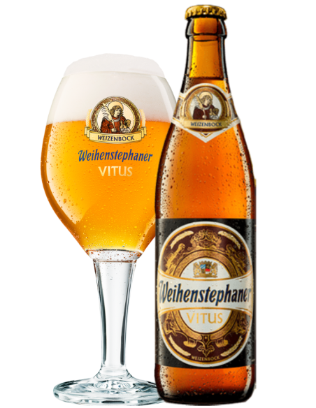 botella 50cl de cerveza de marca WEIHENSTEPHANER - VITUS con copa, estilo Weizenbock