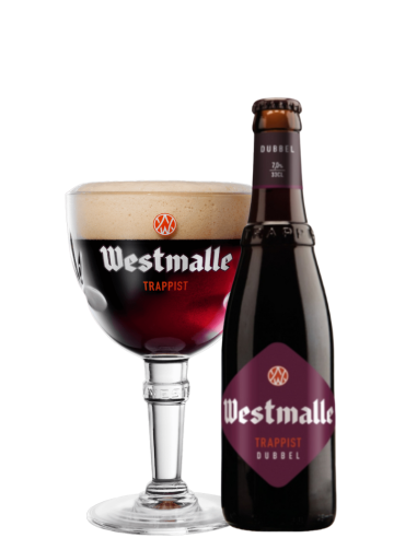 botella 33cl de cerveza de marca WESTMALLE - DUBBEL TRAPPIST con copa, estilo Belgian Dubbel
