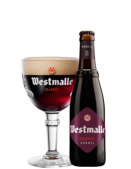 botella 33cl de cerveza de marca WESTMALLE - DUBBEL TRAPPIST con copa, estilo Belgian Dubbel