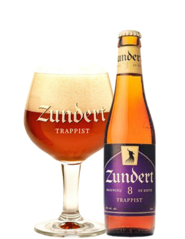 33cl bottle of beer brand ZUNDERT - 8 TRAPPIST with glass, Belgian Strong Dark Ale style