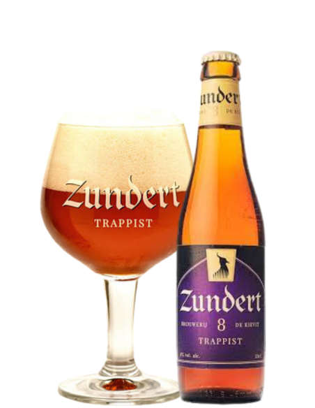 33cl bottle of beer brand ZUNDERT - 8 TRAPPIST with glass, Belgian Strong Dark Ale style