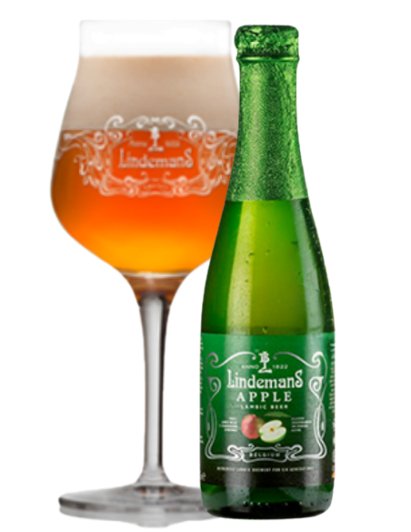 33cl bottle of beer brand LINDEMANS - APPLE with glass, Lambic style Fruits