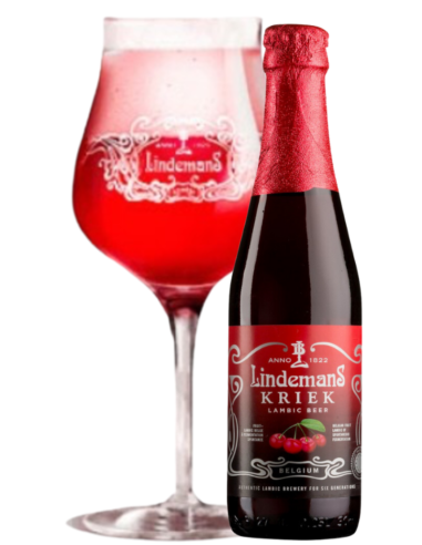 33cl bottle of beer brand LINDEMANS - KRIEK (CHERRY) with glass, style Lambic Fruits