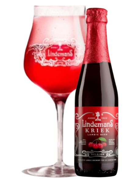 33cl bottle of beer brand LINDEMANS - KRIEK (CHERRY) with glass, style Lambic Fruits