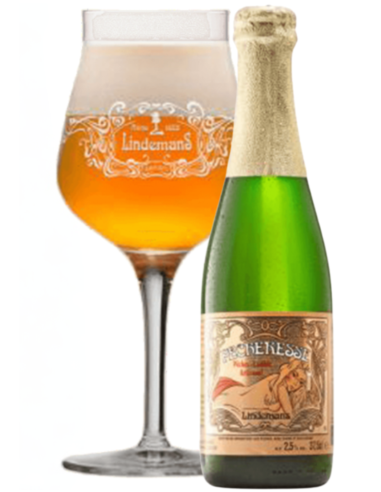 garrafa de 33cl de cerveja da marca LINDEMANS - PECHERESSE (MELOCOTON) com copo, estilo Lambic Frutos