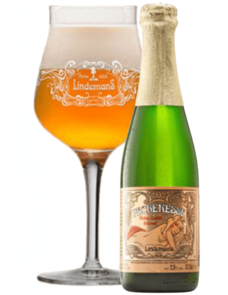 botella 33cl de cerveza de marca LINDEMANS - PECHERESSE (MELOCOTÓN) con copa, estilo Lambic Frutas
