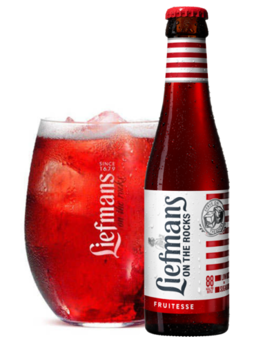 33cl bottle of LIEFMANS- ON THE ROCK FRUITESSE brand beer with glass, Fruit Beer style (Red fruits)