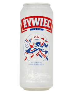 lata 50cl de cerveza de marca ZYWIEC - 1856, estilo European Pale Lager