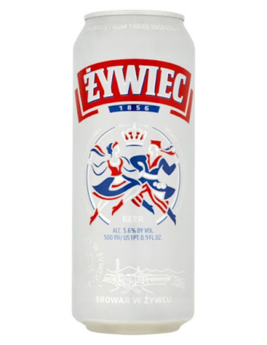 lata 50cl de cerveza de marca ZYWIEC - 1856, estilo European Pale Lager