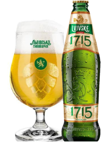 botella 45cl de cerveza de marca LVIVSKE - 1715 con copa, estilo European Pale Lager