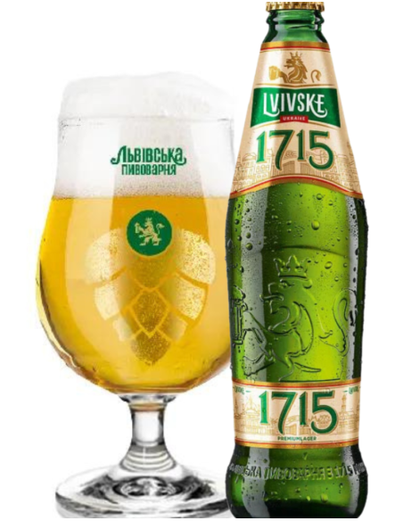 botella 45cl de cerveza de marca LVIVSKE - 1715 con copa, estilo European Pale Lager