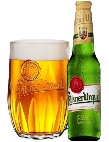botella 50cl de cerveza de marca PILSNER URQUELL con jarra, estilo Czech Pilsner