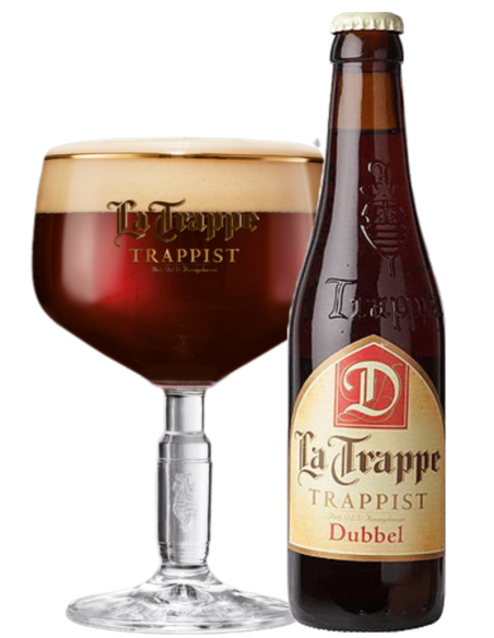 33cl bottle of beer brand LA TRAPPE - DUBBEL with glass, Belgian Dubbel style