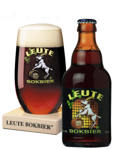 botella 33cl de cerveza de marca LEUTE - BOKBIER con copa, estilo Belgian Strong Dark Ale