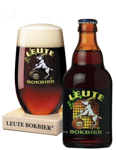 botella 33cl de cerveza de marca LEUTE - BOKBIER con copa, estilo Belgian Strong Dark Ale