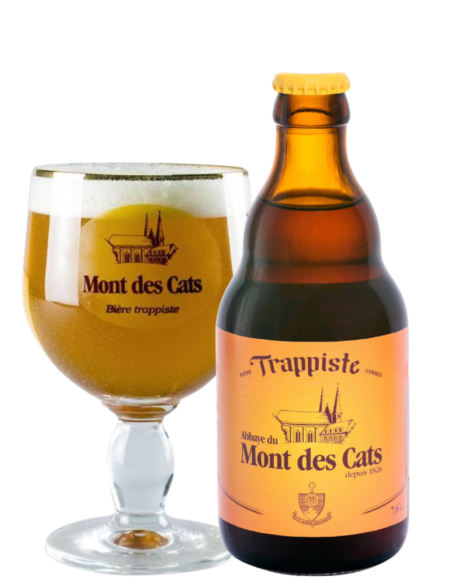 botella 33cl de cerveza de marca MONT DES CATS - TRAPPISTE con copa, estilo Belgian Triple