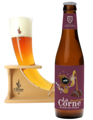 botella 33cl de cerveza de marca LA CORNE - QUADRUPLE OAKED con copa, estilo Belgia Quadruple