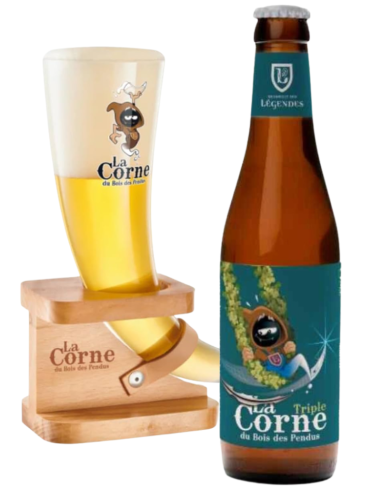 garrafa de 33cl de cerveja da marca LA CORNE - TRIPLE HOPPY com copo, estilo Belgia Triple