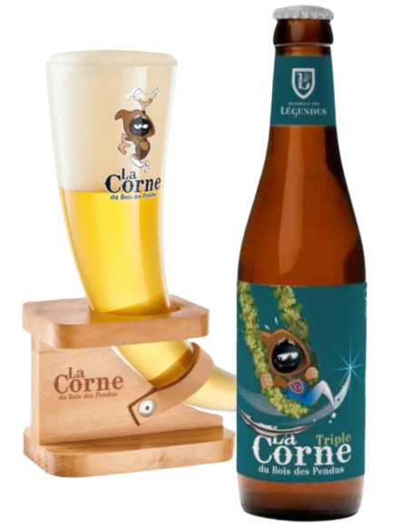 garrafa de 33cl de cerveja da marca LA CORNE - TRIPLE HOPPY com copo, estilo Belgia Triple