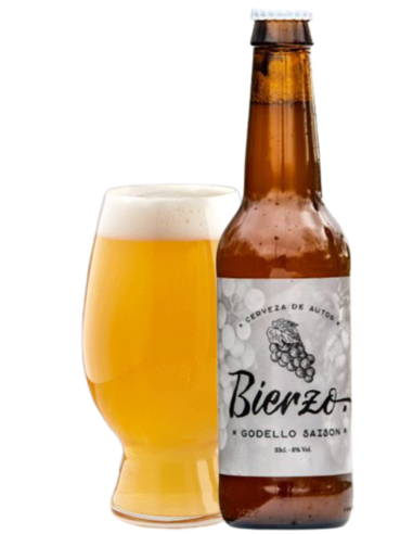 garrafa de 33cl de cerveja de marca BELECKER - BIERZO GODELLO SAISON com copo, estilo Saison Ale