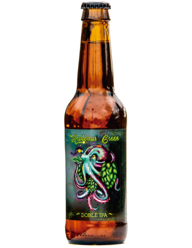 botella 33cl de cerveza de marca BELECKER - HOPTOPUS GREEN, stilo Doble IPA