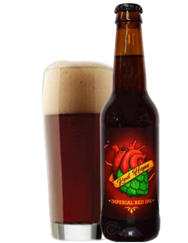 33cl bottle of beer brand BELECKER - RED HOPS with glass, style Imperial Red IPA