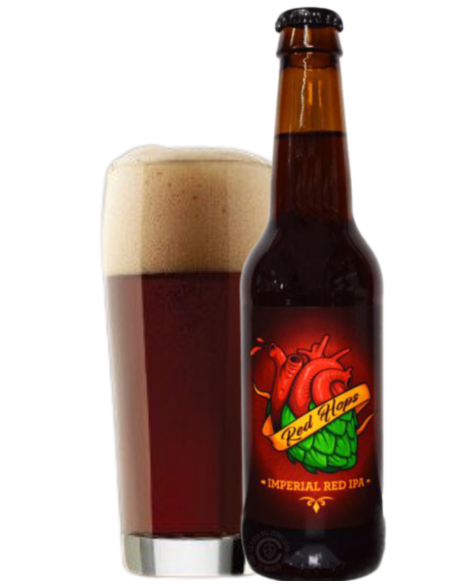 33cl bottle of beer brand BELECKER - RED HOPS with glass, style Imperial Red IPA
