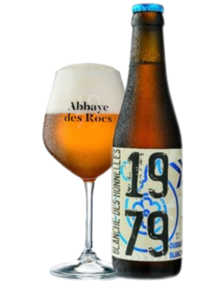 33cl bottle of l'Abbaye des Rocs brand beer with glass, Wheat Beer style