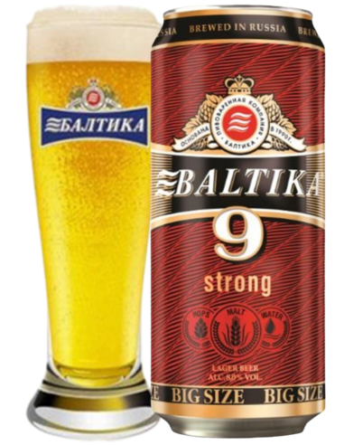 90cl can of beer branded BALTIKA - 9 EXTRA STRONG with glass, stilo Strong Lager