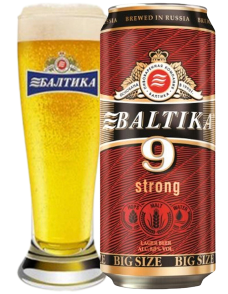lata 90cl de cerveza de marca BALTIKA - 9 EXTRA STRONG con copa, stilo Strong Lager
