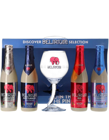 embalagem de marca 4x33clCerveja DELIRIRIUM com copo, estilos diferentes