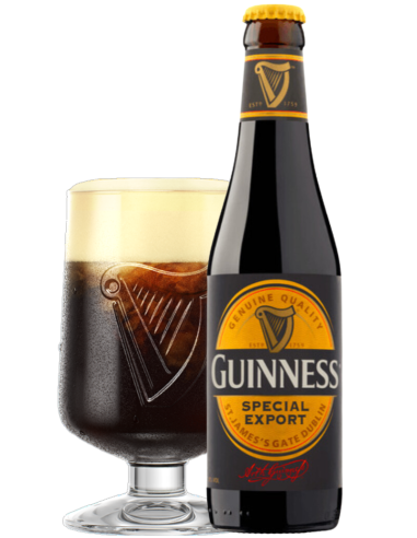 botella 33cl de cerveza de marca GUINNESS - SPECIAL EXPORT con copa, estilo Irish Dry Stout