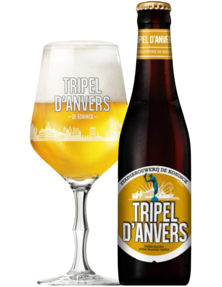 botella 33cl de cerveza de marca DE KONINCK - TRIPLE D'ANVERS con copa, estilo Belgian Triple