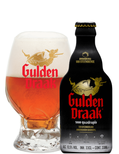 botella 33cl de cerveza de marca GULDEN DRAAK - 9000 QUADRUPLE con copa, estilo Belgian Quadruple