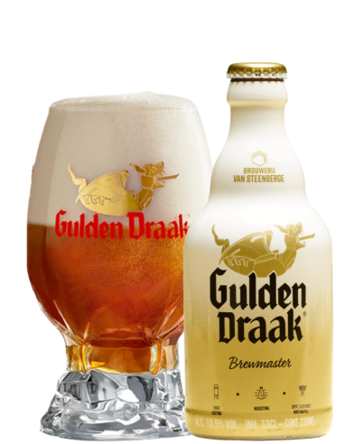 botella 33cl de cerveza de marca GULDEN DRAAK - BREWMASTERS con copa, estilo Strong Dark Ale