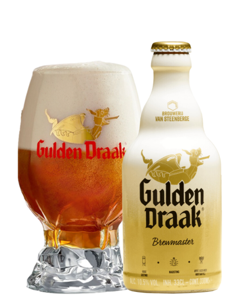 botella 33cl de cerveza de marca GULDEN DRAAK - BREWMASTERS con copa, estilo Strong Dark Ale