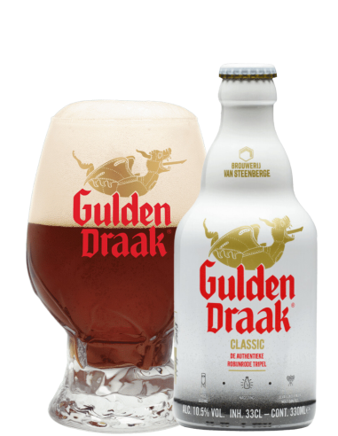 botella 33cl de cerveza de marca GULDEN DRAAK - CLASSIC con copa, estilo Belgian Strong Dark Ale